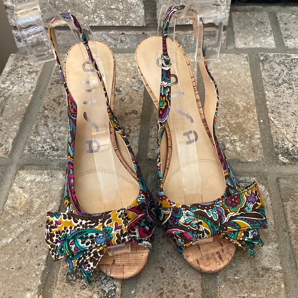 unisa paisley sling back heels with cork heel size 6.5